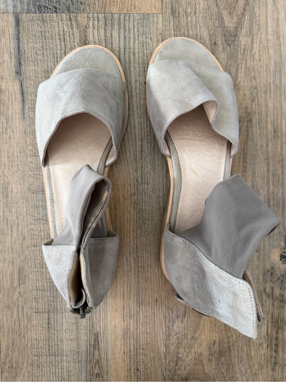 Eileen Fisher Taupe Suede Open-Toe Ankle-Wrap Sandals